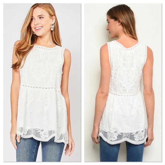 Lavender Moon Tops - Off White Floral Lace Embroidered Babydoll Tunic